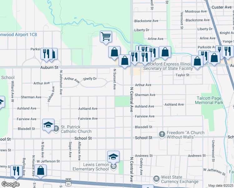 map of restaurants, bars, coffee shops, grocery stores, and more near 903 North Sunset Avenue in Rockford