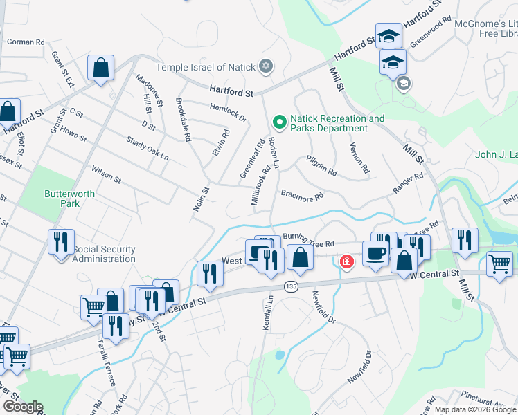 map of restaurants, bars, coffee shops, grocery stores, and more near 2 Oxbow Road in Natick