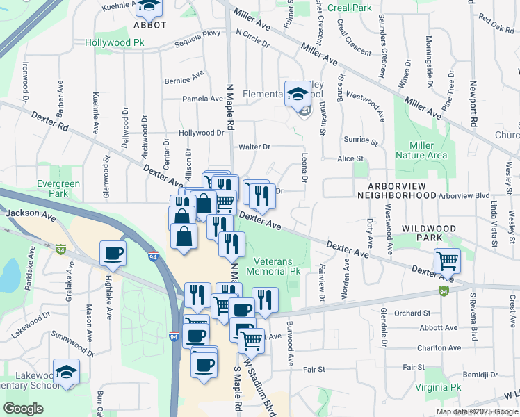 map of restaurants, bars, coffee shops, grocery stores, and more near 2340 Dexter Avenue in Ann Arbor