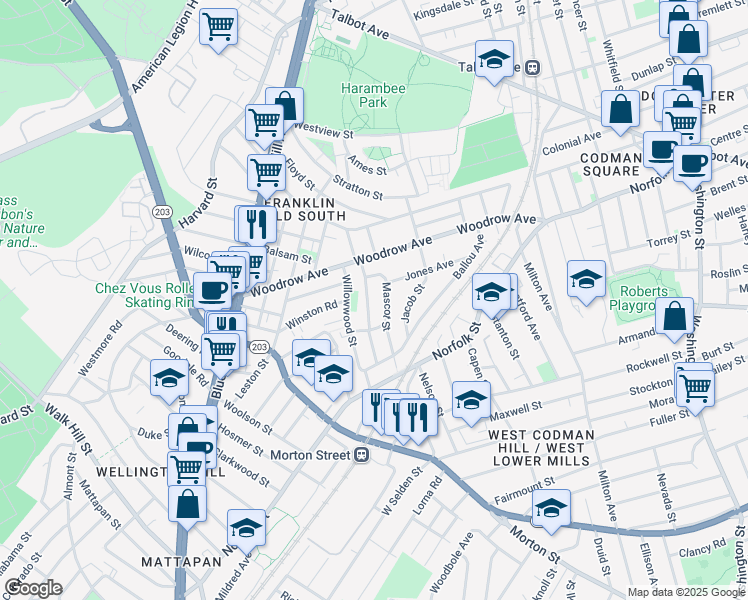map of restaurants, bars, coffee shops, grocery stores, and more near 53 Mascot Street in Boston