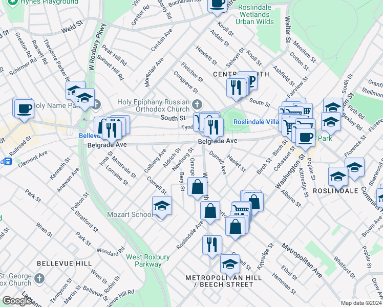 map of restaurants, bars, coffee shops, grocery stores, and more near 40 Newburg Street in Boston