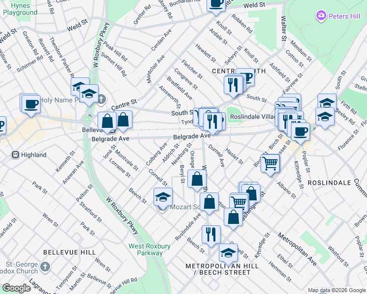 map of restaurants, bars, coffee shops, grocery stores, and more near 40 Newburg Street in Boston