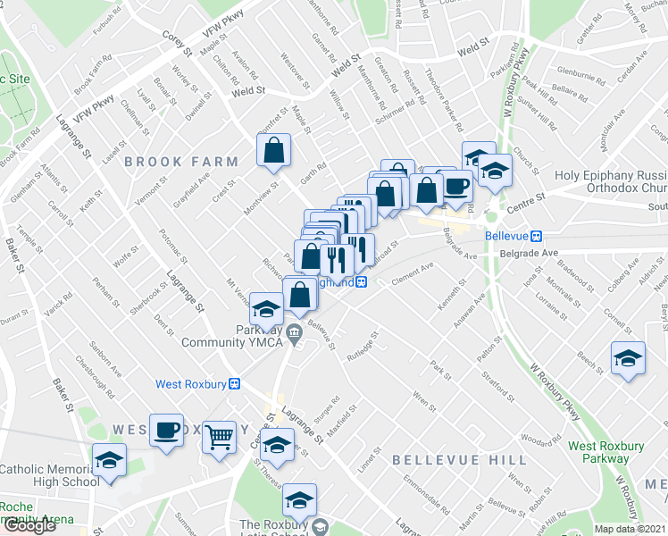 map of restaurants, bars, coffee shops, grocery stores, and more near 16 Hastings Street in Boston