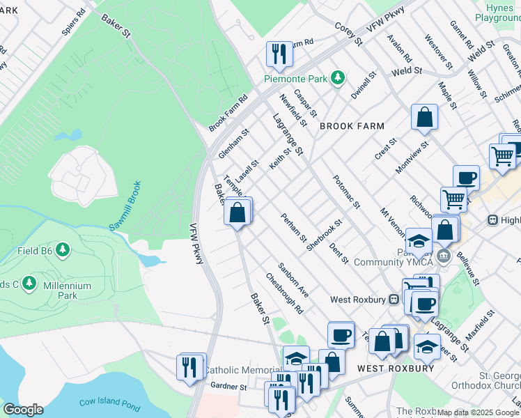 map of restaurants, bars, coffee shops, grocery stores, and more near 351 Vermont Street in Boston