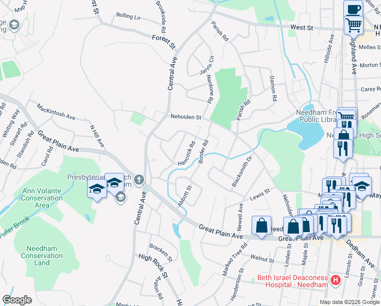 map of restaurants, bars, coffee shops, grocery stores, and more near 34 Border Road in Needham