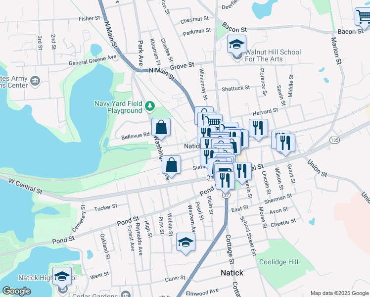 map of restaurants, bars, coffee shops, grocery stores, and more near 55 Middlesex Avenue in Natick