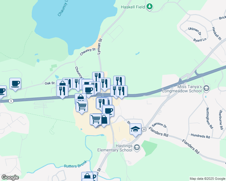 map of restaurants, bars, coffee shops, grocery stores, and more near 124 Turnpike Road in Westborough