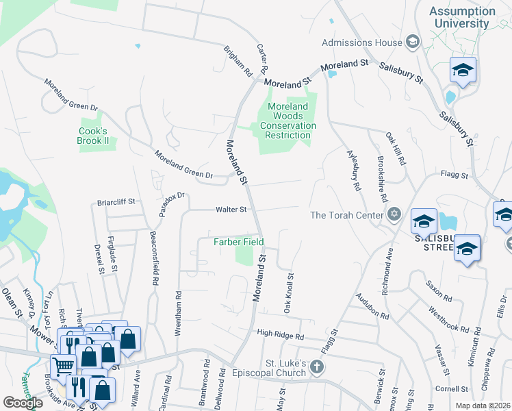 map of restaurants, bars, coffee shops, grocery stores, and more near 111 Moreland Street in Worcester