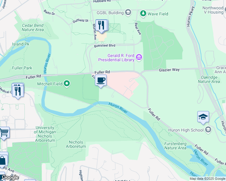 map of restaurants, bars, coffee shops, grocery stores, and more near 2222 Fuller Court in Ann Arbor