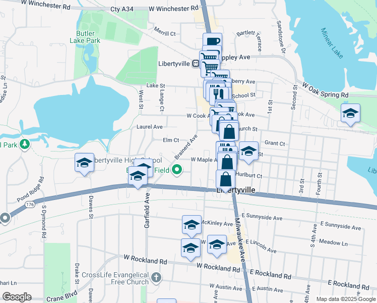 map of restaurants, bars, coffee shops, grocery stores, and more near 302 West Maple Avenue in Libertyville