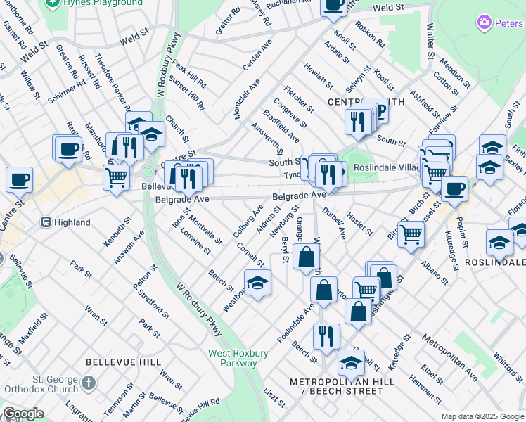 map of restaurants, bars, coffee shops, grocery stores, and more near 18 Colberg Avenue in Roslindale
