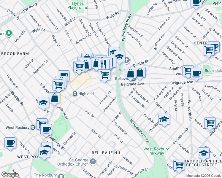 map of restaurants, bars, coffee shops, grocery stores, and more near 35 Kenneth Street in Boston