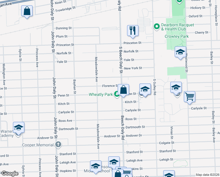 map of restaurants, bars, coffee shops, grocery stores, and more near 25940 Penn Street in Inkster
