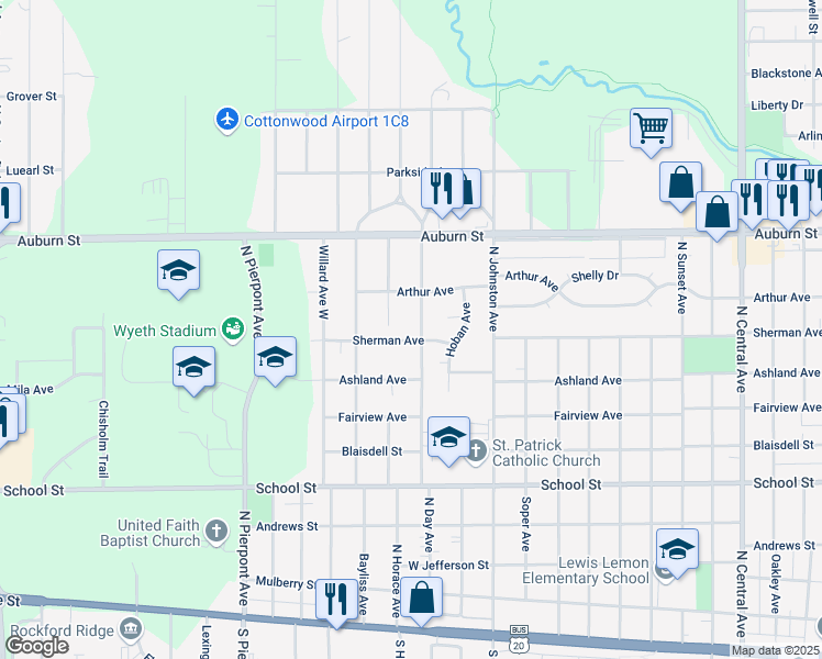 map of restaurants, bars, coffee shops, grocery stores, and more near 2616 Sherman Avenue in Rockford