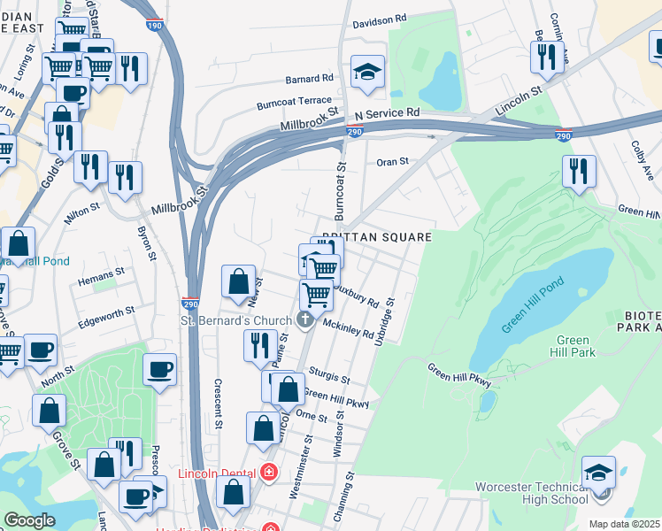 map of restaurants, bars, coffee shops, grocery stores, and more near 281 Lincoln Street in Worcester