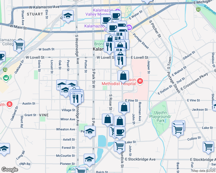 map of restaurants, bars, coffee shops, grocery stores, and more near 219 West Dutton Street in Kalamazoo
