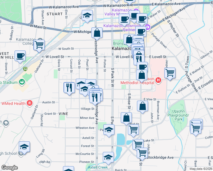 map of restaurants, bars, coffee shops, grocery stores, and more near 429 West Dutton Street in Kalamazoo