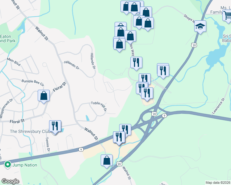 map of restaurants, bars, coffee shops, grocery stores, and more near 102 Bay Drive in Northborough