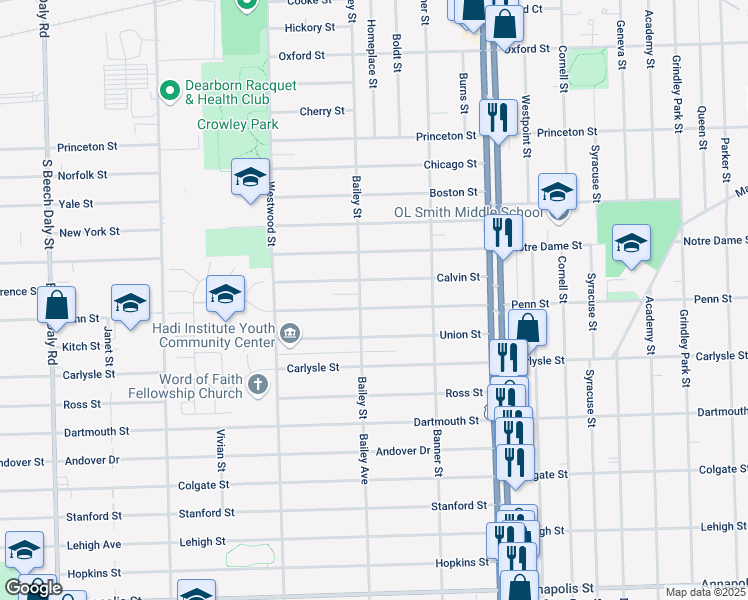 map of restaurants, bars, coffee shops, grocery stores, and more near 24425 Penn Street in Dearborn