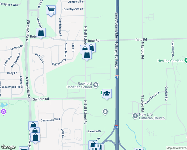 map of restaurants, bars, coffee shops, grocery stores, and more near 7520 Blairmore Drive in Rockford