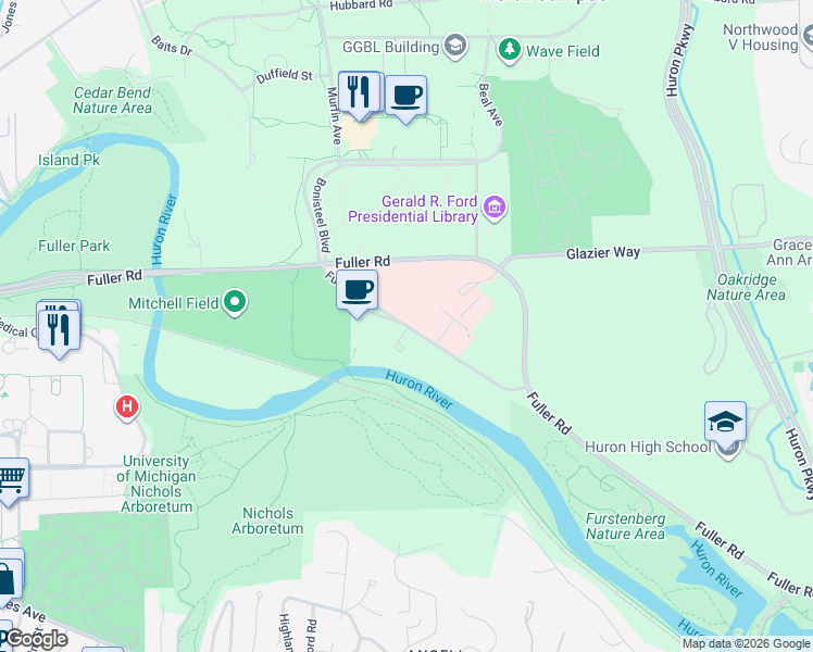 map of restaurants, bars, coffee shops, grocery stores, and more near 2215 Fuller Road in Ann Arbor