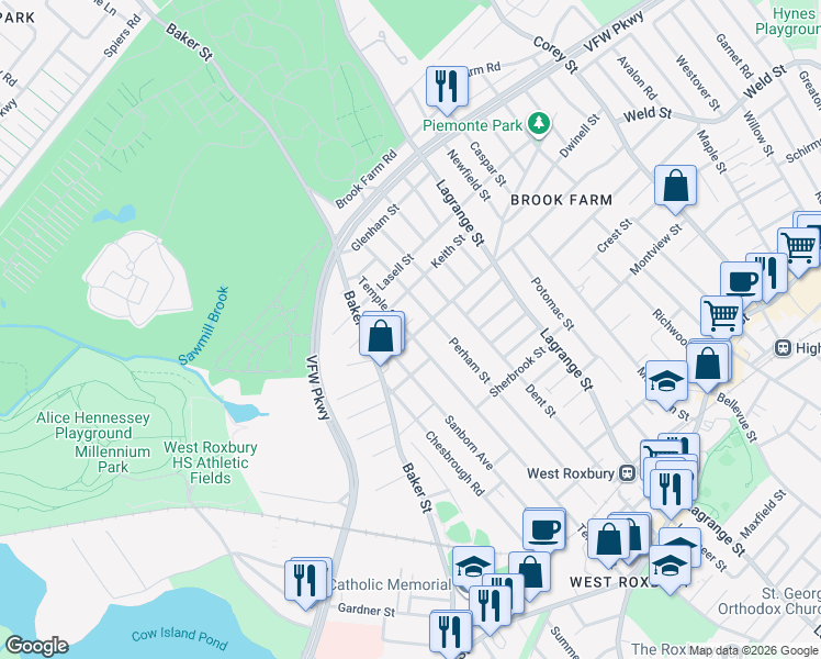 map of restaurants, bars, coffee shops, grocery stores, and more near 351 Vermont Street in Boston