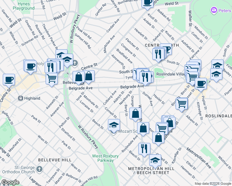 map of restaurants, bars, coffee shops, grocery stores, and more near 37 Aldrich Street in Boston