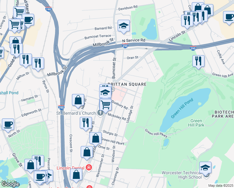 map of restaurants, bars, coffee shops, grocery stores, and more near 281 Lincoln Street in Worcester