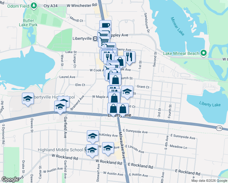 map of restaurants, bars, coffee shops, grocery stores, and more near 100-130 West Maple Avenue in Libertyville