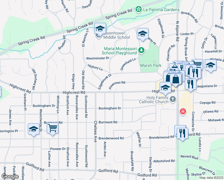 map of restaurants, bars, coffee shops, grocery stores, and more near 3704 Highcrest Road in Rockford
