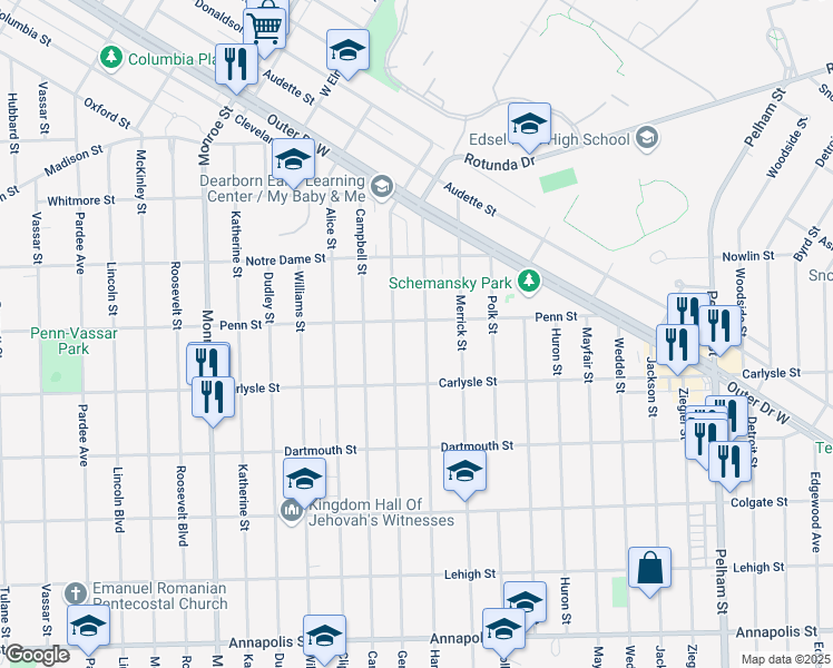 map of restaurants, bars, coffee shops, grocery stores, and more near 3605 Gertrude Street in Dearborn