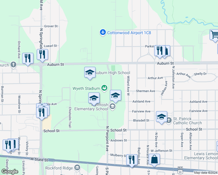 map of restaurants, bars, coffee shops, grocery stores, and more near 5110 Auburn Street in Rockford