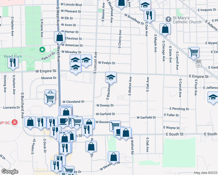 map of restaurants, bars, coffee shops, grocery stores, and more near 1401 South Blackhawk Avenue in Freeport
