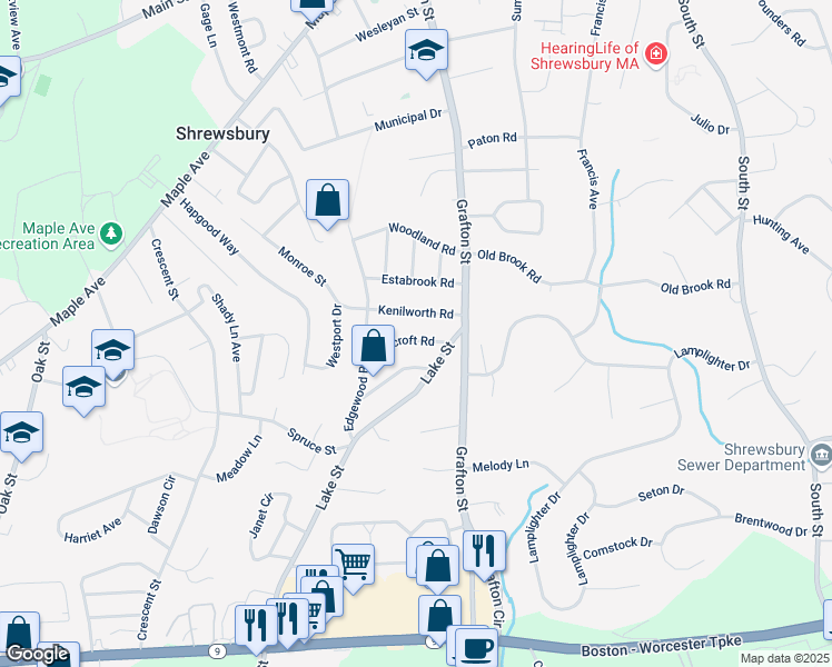 map of restaurants, bars, coffee shops, grocery stores, and more near 11 Ferncroft Road in Shrewsbury