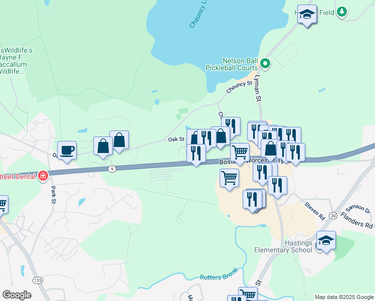 map of restaurants, bars, coffee shops, grocery stores, and more near 165 Turnpike Road in Westborough