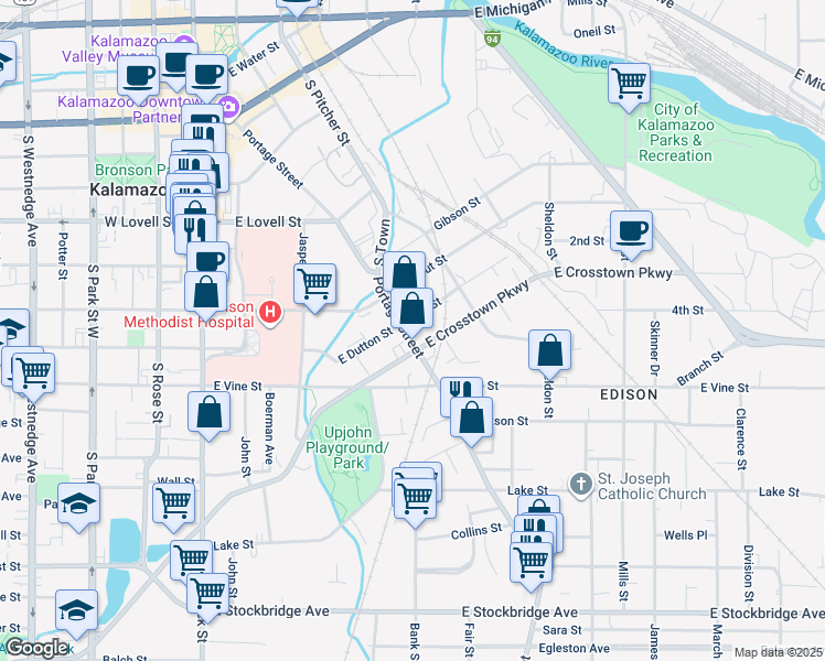 map of restaurants, bars, coffee shops, grocery stores, and more near 642 Portage Street in Kalamazoo