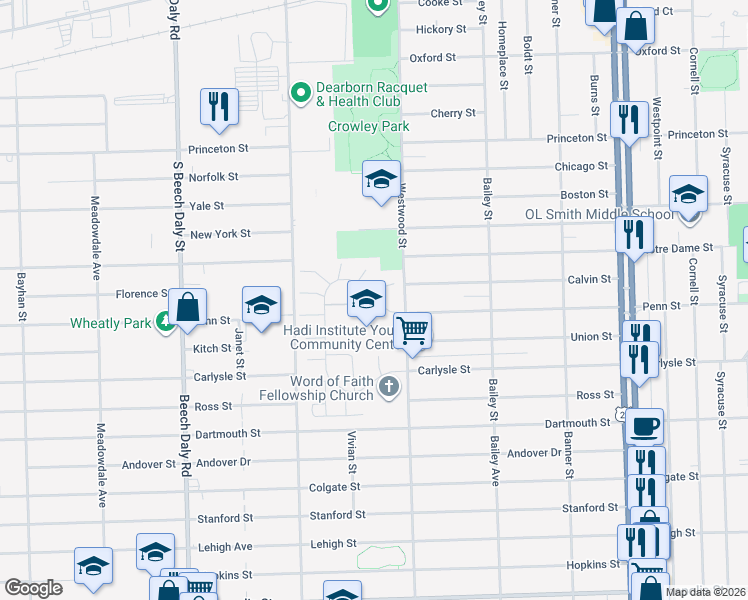 map of restaurants, bars, coffee shops, grocery stores, and more near 3358 Heritage Parkway in Dearborn