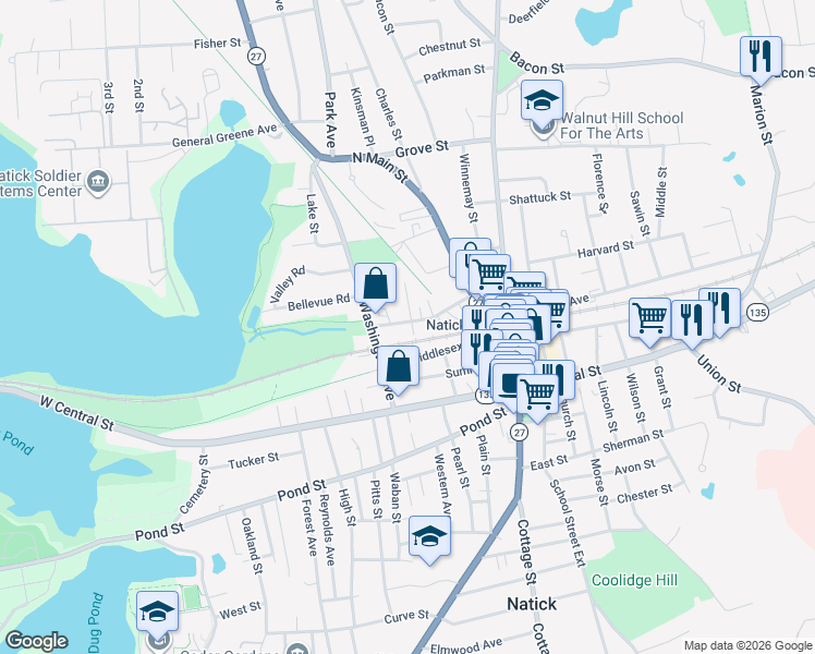 map of restaurants, bars, coffee shops, grocery stores, and more near 4 Harrison Street in Natick