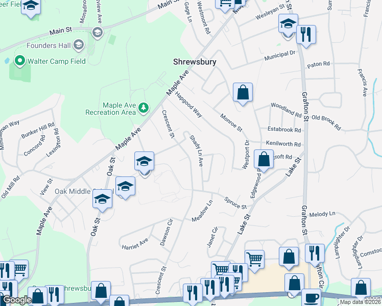 map of restaurants, bars, coffee shops, grocery stores, and more near 27 Shady Lane Avenue in Shrewsbury