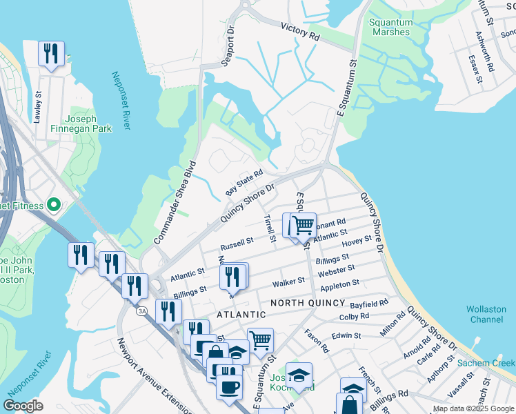 map of restaurants, bars, coffee shops, grocery stores, and more near 70 Carlisle Street in Quincy