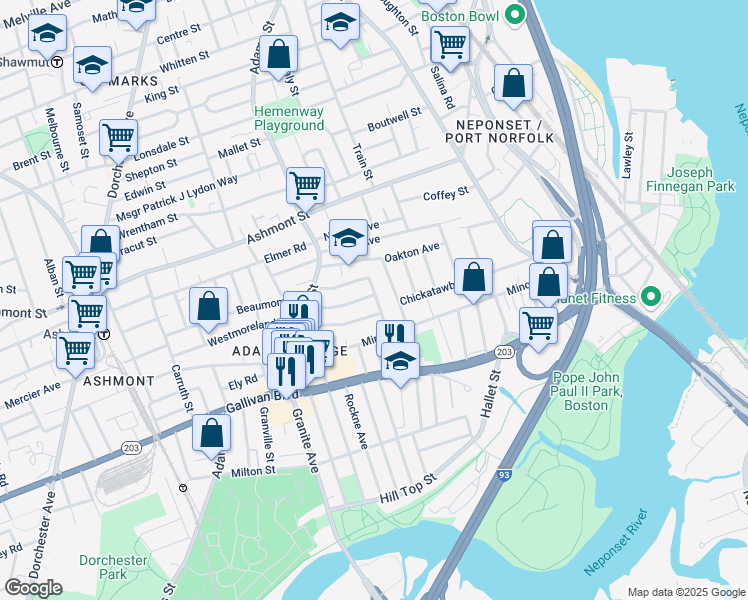 map of restaurants, bars, coffee shops, grocery stores, and more near 73-75 Chelmsford Street in Boston