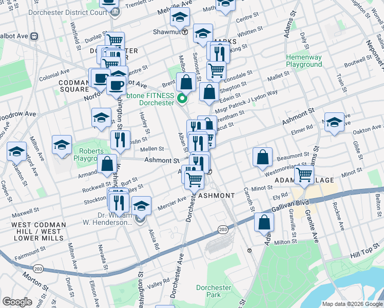 map of restaurants, bars, coffee shops, grocery stores, and more near 145 Ashmont Street in Boston