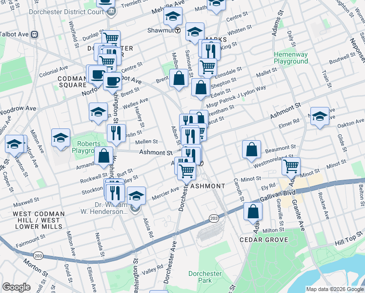 map of restaurants, bars, coffee shops, grocery stores, and more near 145 Ashmont Street in Boston