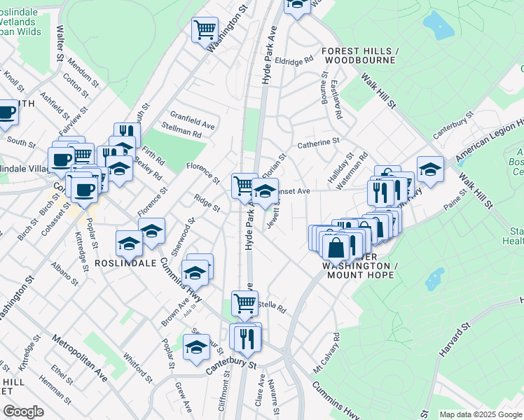 map of restaurants, bars, coffee shops, grocery stores, and more near 58 Philbrick Street in Boston