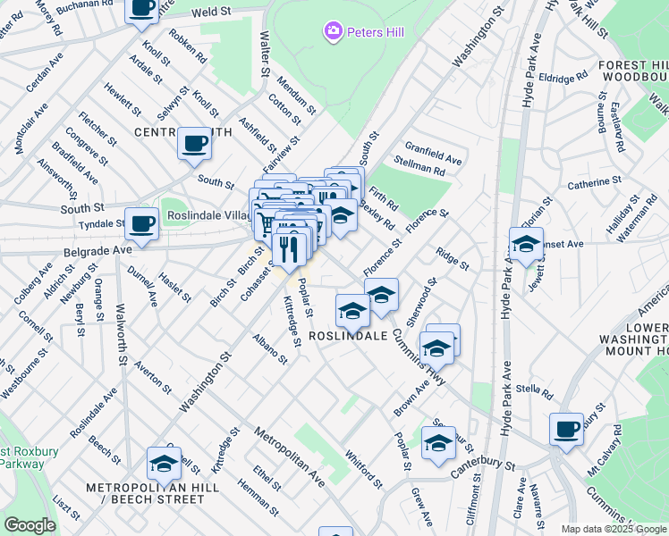map of restaurants, bars, coffee shops, grocery stores, and more near 40 Florence Street in Boston