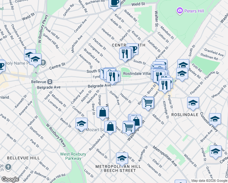 map of restaurants, bars, coffee shops, grocery stores, and more near 86 Durnell Avenue in Boston