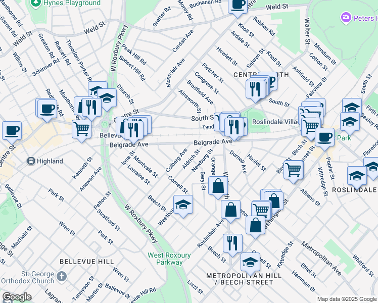 map of restaurants, bars, coffee shops, grocery stores, and more near 37 Aldrich Street in Boston