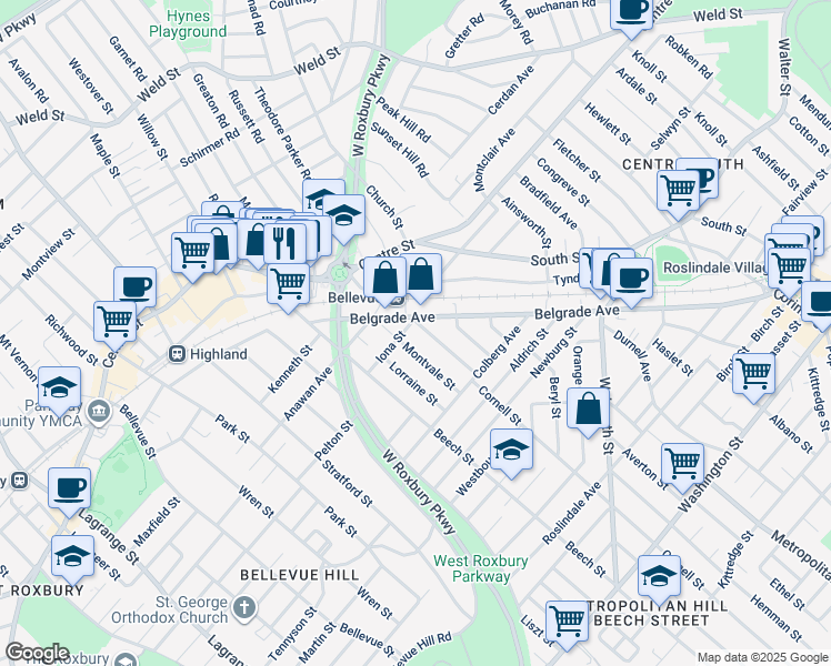 map of restaurants, bars, coffee shops, grocery stores, and more near 33 Montvale Street in Boston
