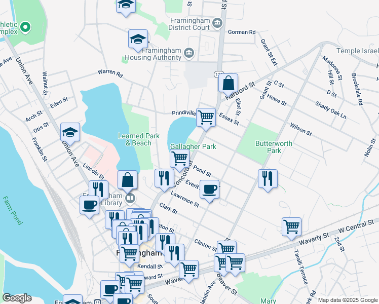 map of restaurants, bars, coffee shops, grocery stores, and more near 360 Massachusetts 126 in Framingham