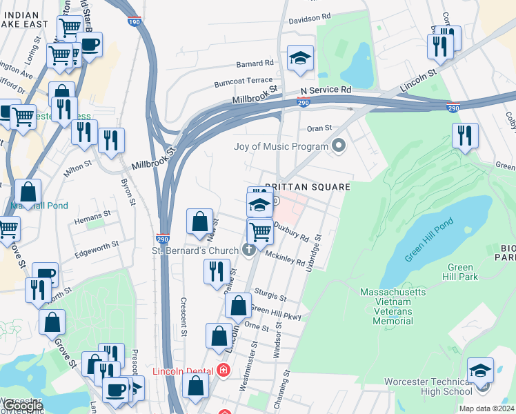 map of restaurants, bars, coffee shops, grocery stores, and more near 274 Lincoln Street in Worcester